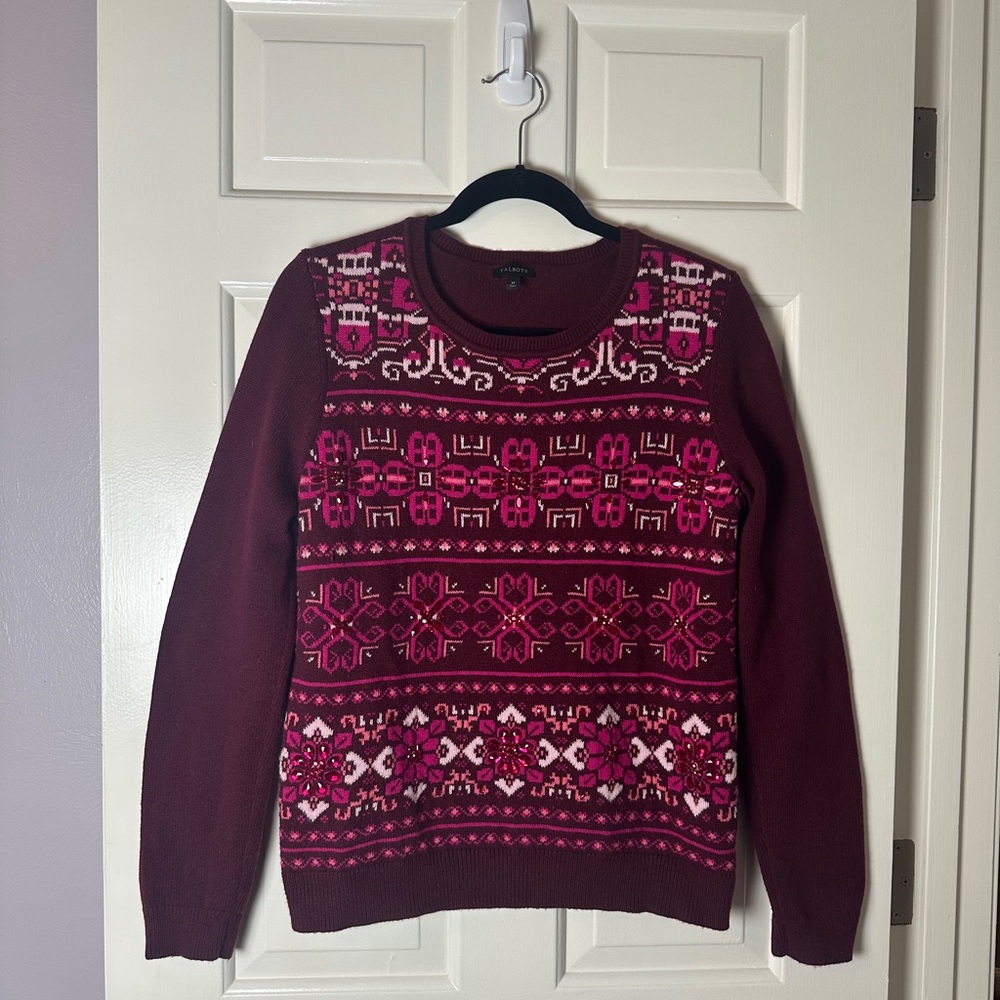 Talbots Bejeweled Crew Neck Sweater with Nordic Design